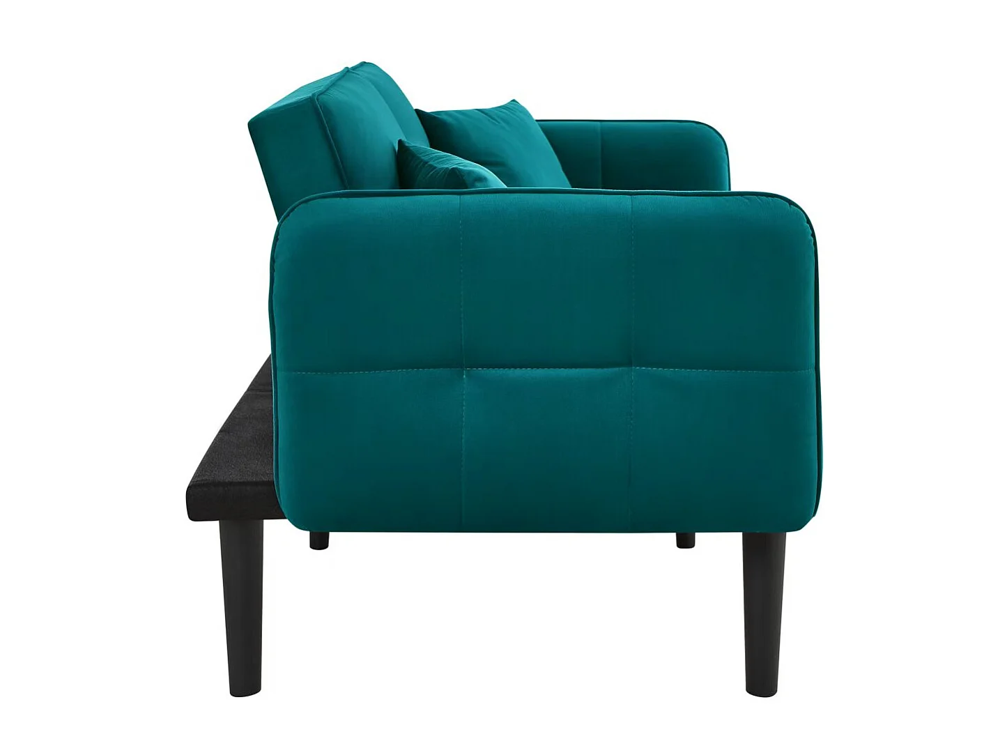 2-zits rechte slaapbank in groen fluweel met zwarte houten poten, neerklapbare rugleuning - 176x78x76cm