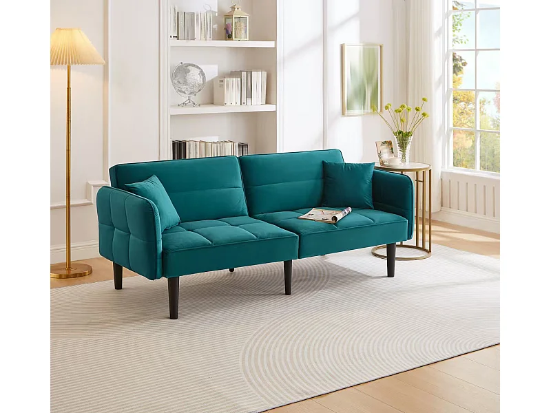 2-zits rechte slaapbank in groen fluweel met zwarte houten poten, neerklapbare rugleuning - 176x78x76cm