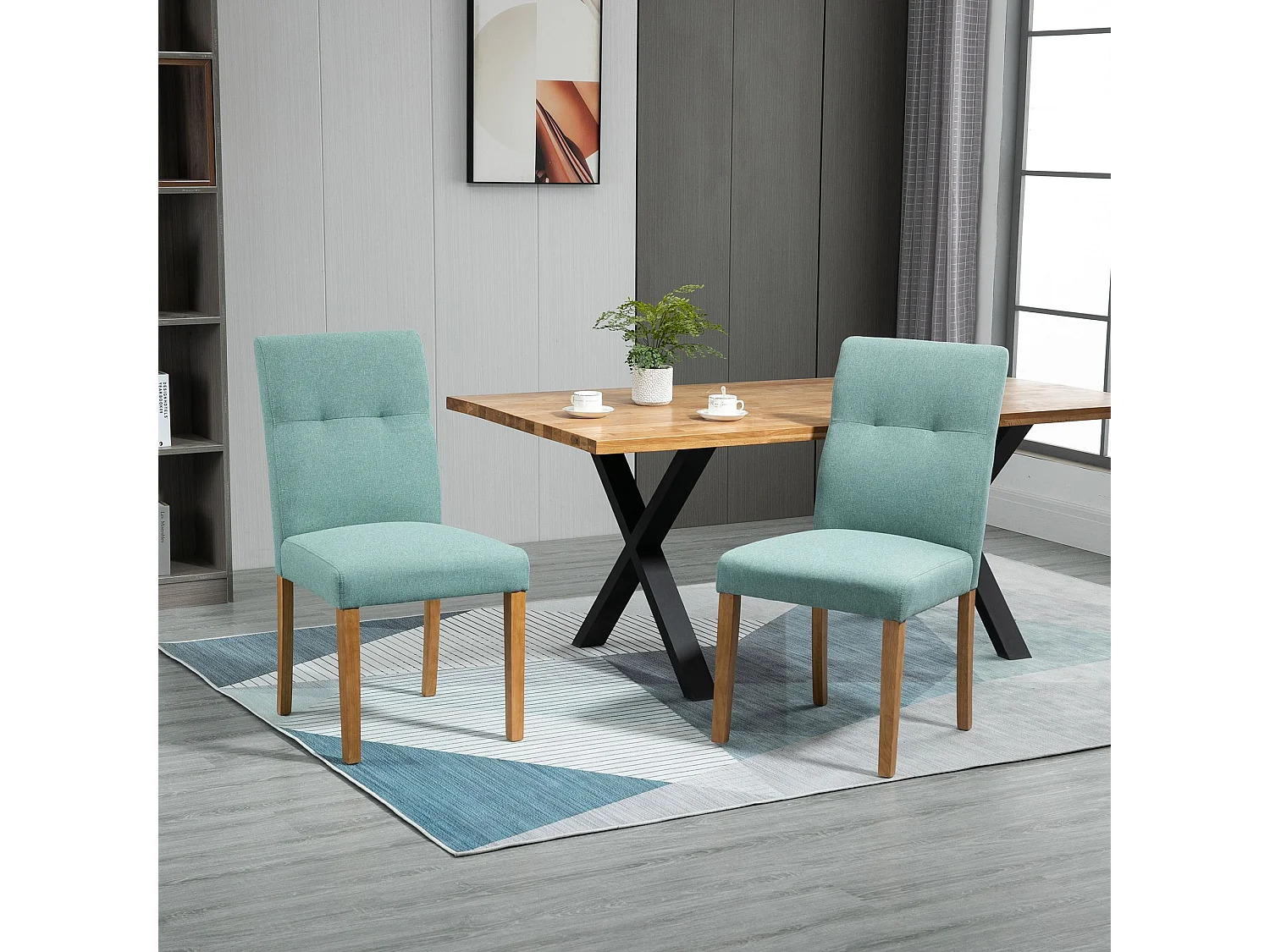 Lot de 2 chaises de cuisine en lin vert, pieds en bois marron