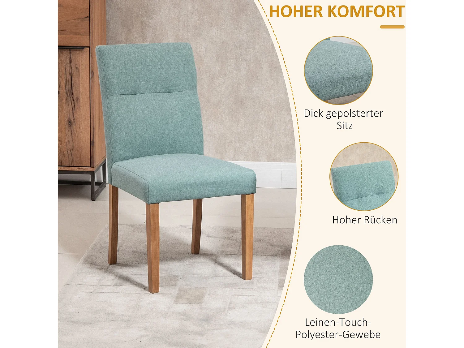 Lot de 2 chaises de cuisine en lin vert, pieds en bois marron