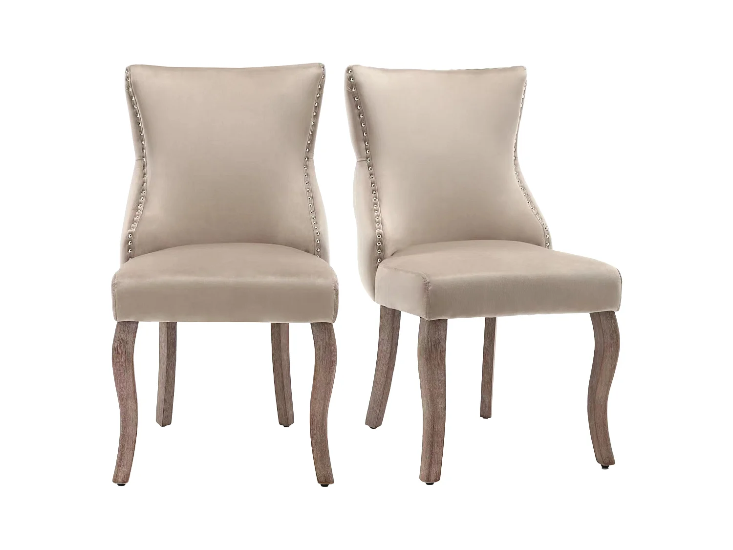 Lot de 2 chaises en velours beige avec pieds en bois marron courbés, boutons décoratifs et rivets argentés