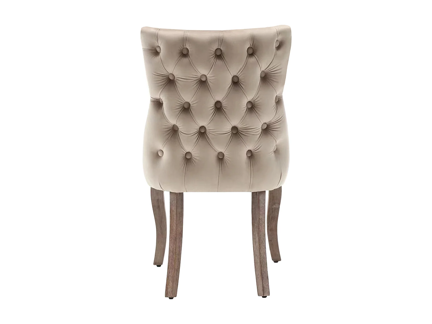 Lot de 2 chaises en velours beige avec pieds en bois marron courbés, boutons décoratifs et rivets argentés