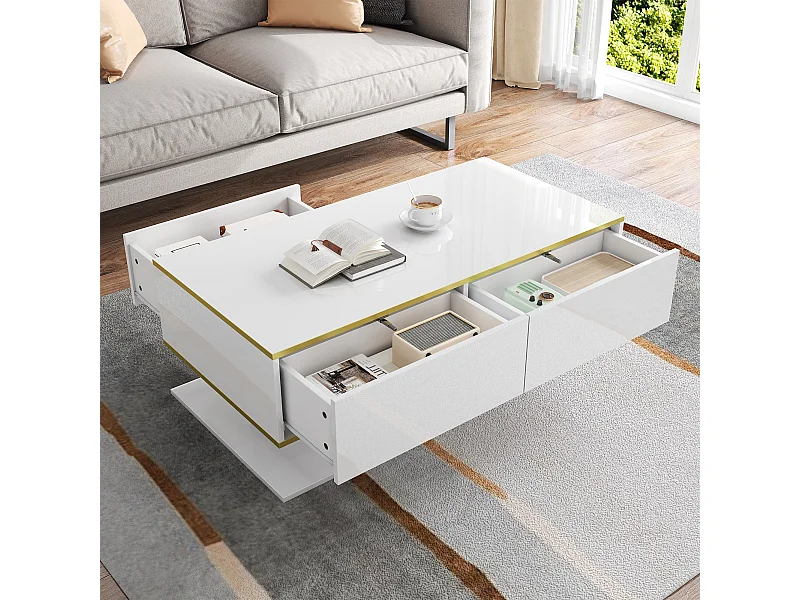 Table basse rectangle 110x55x40cm avec 3 tiroirs et 1 niche, LED inclus, corps en blanc laqué