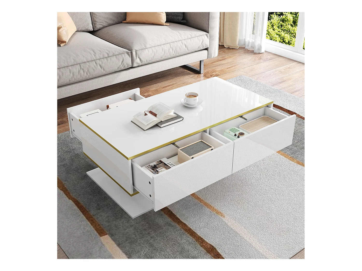 Table basse rectangle 110x55x40cm avec 3 tiroirs et 1 niche, LED inclus, corps en blanc laqué