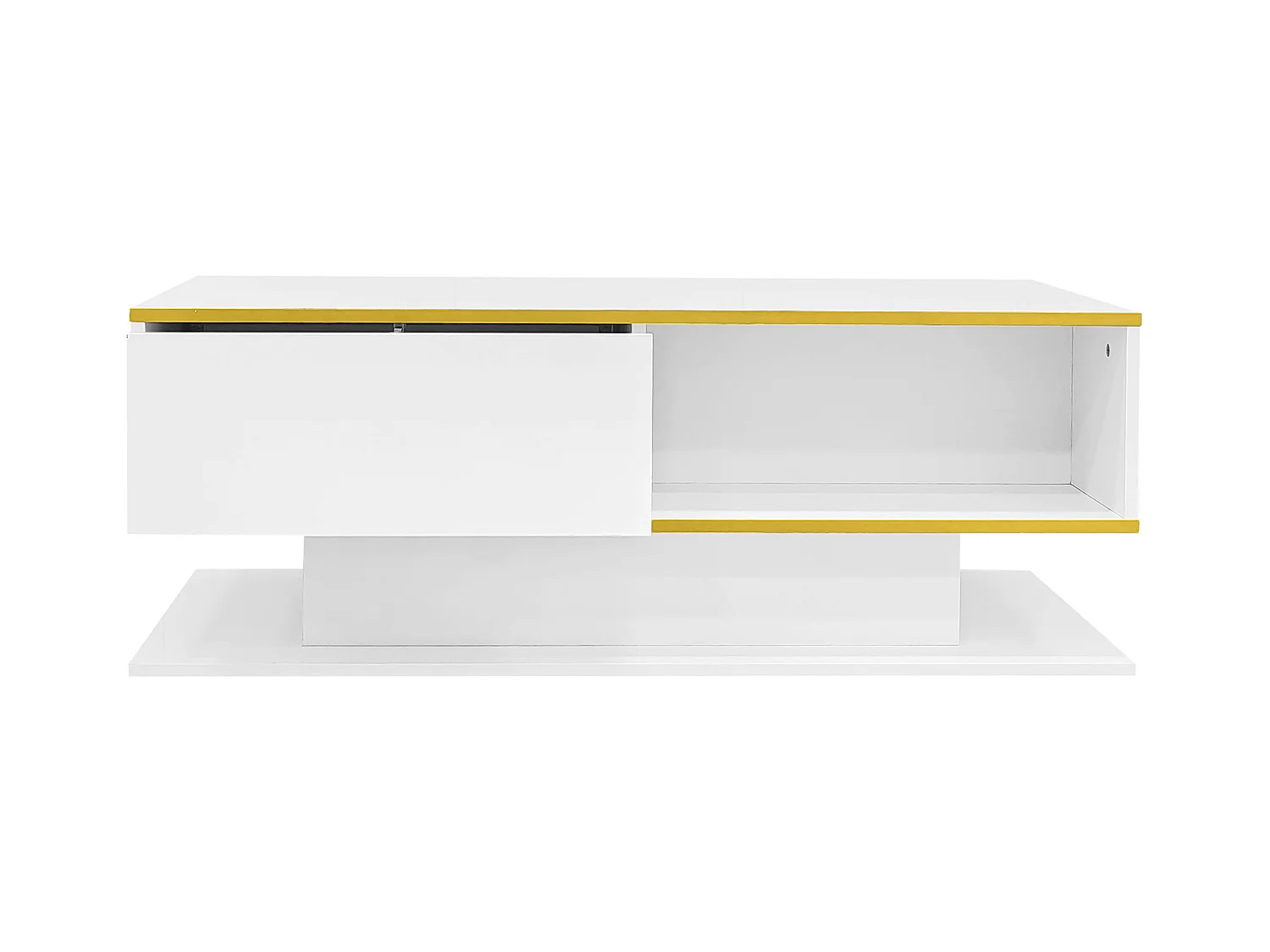 Table basse rectangle 110x55x40cm avec 3 tiroirs et 1 niche, LED inclus, corps en blanc laqué