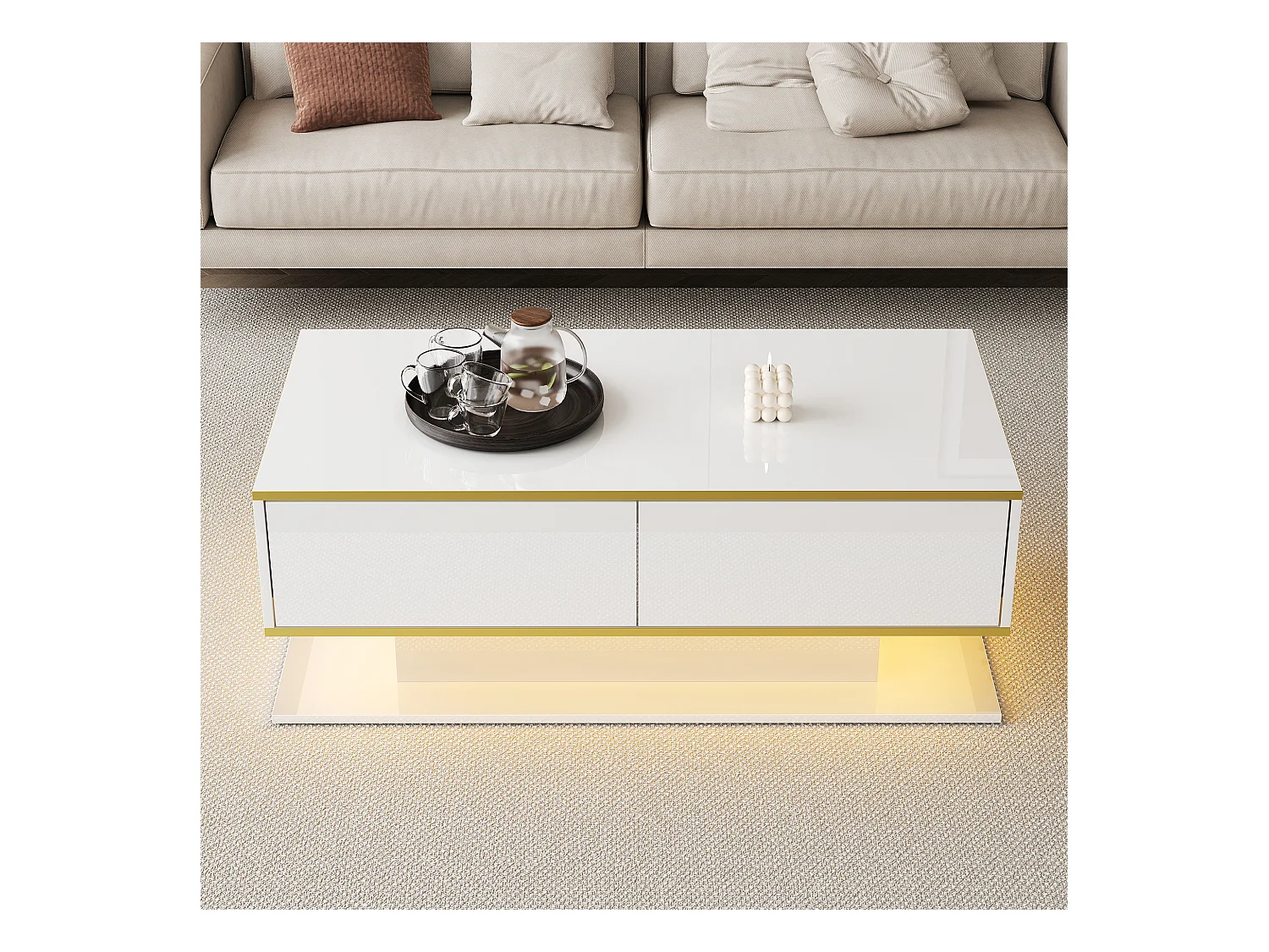 Table basse rectangle 110x55x40cm avec 3 tiroirs et 1 niche, LED inclus, corps en blanc laqué