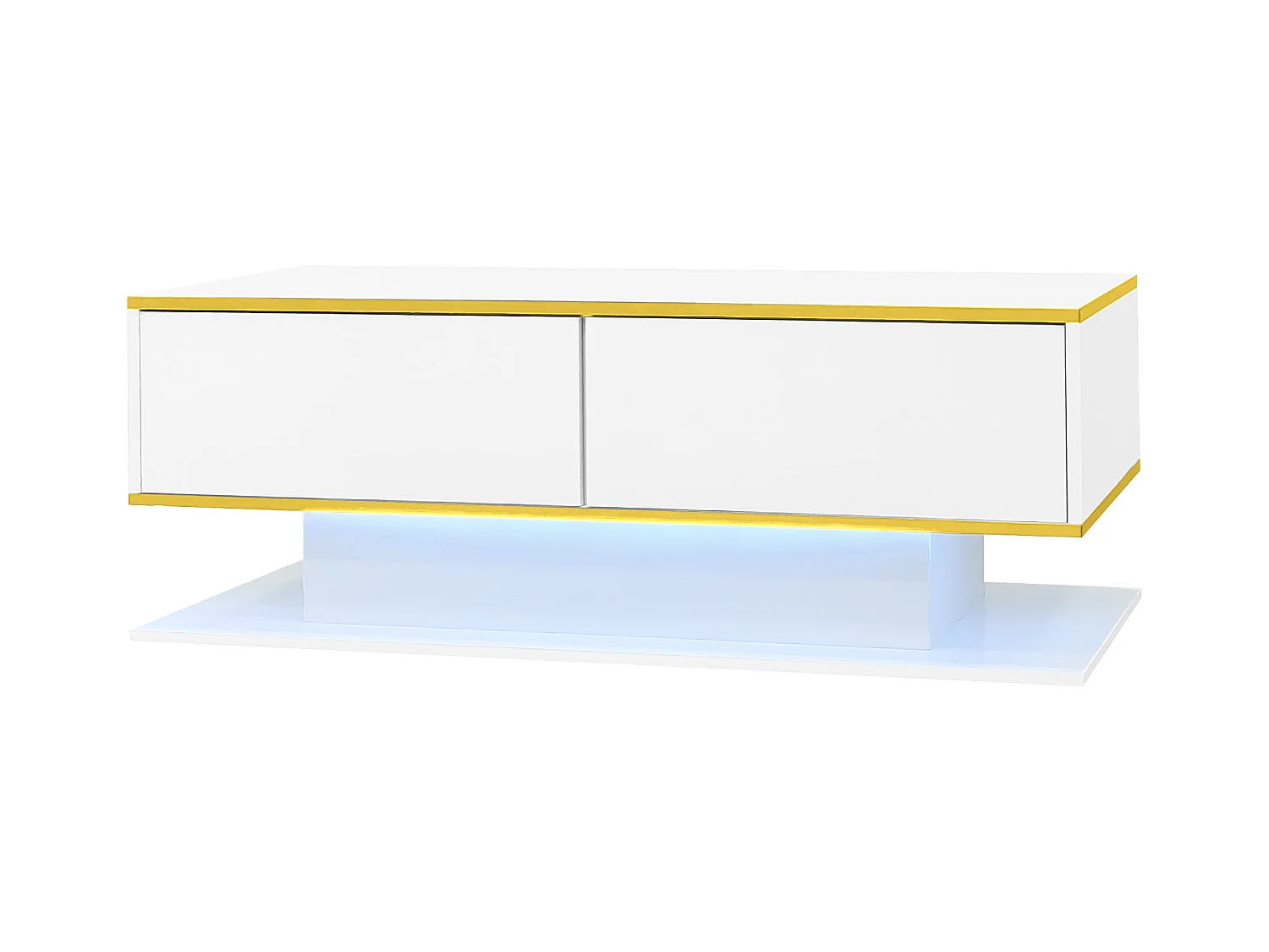 Table basse rectangle 110x55x40cm avec 3 tiroirs et 1 niche, LED inclus, corps en blanc laqué