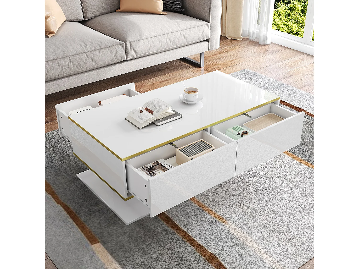 Table basse rectangle 110x55x40cm avec 3 tiroirs et 1 niche, LED inclus, corps en blanc laqué