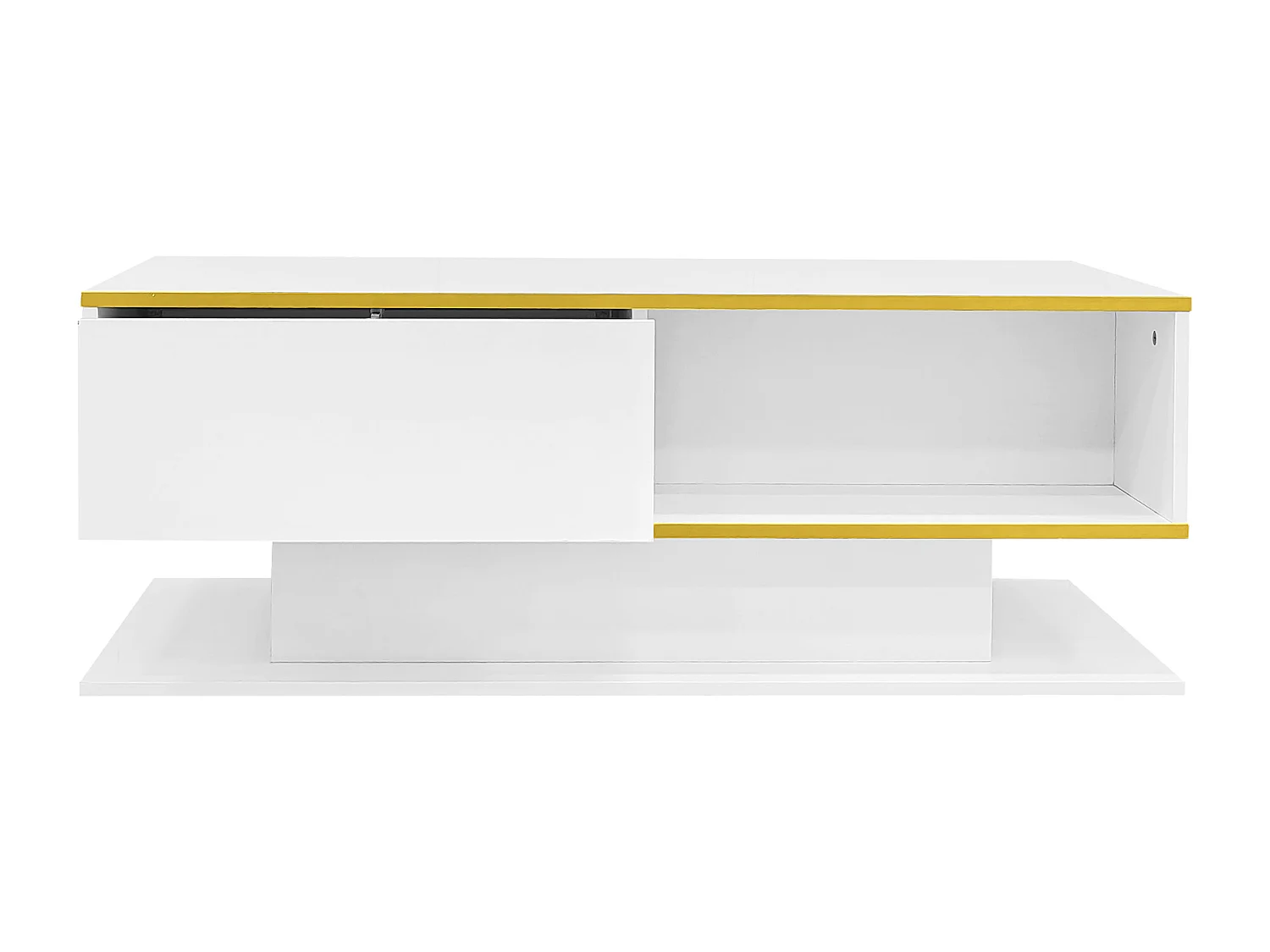 Table basse rectangle 110x55x40cm avec 3 tiroirs et 1 niche, LED inclus, corps en blanc laqué