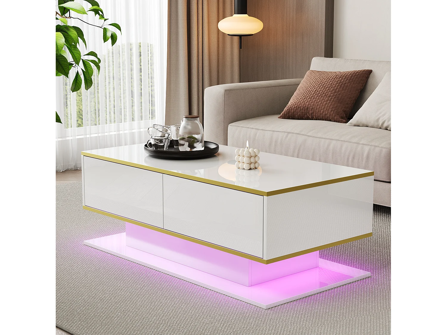 Table basse rectangle 110x55x40cm avec 3 tiroirs et 1 niche, LED inclus, corps en blanc laqué