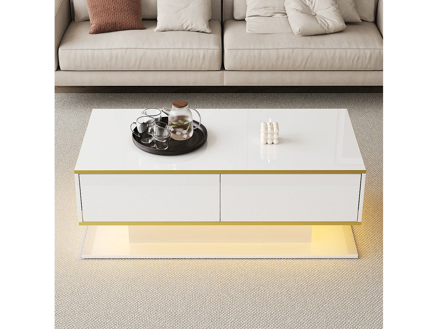 Table basse rectangle 110x55x40cm avec 3 tiroirs et 1 niche, LED inclus, corps en blanc laqué