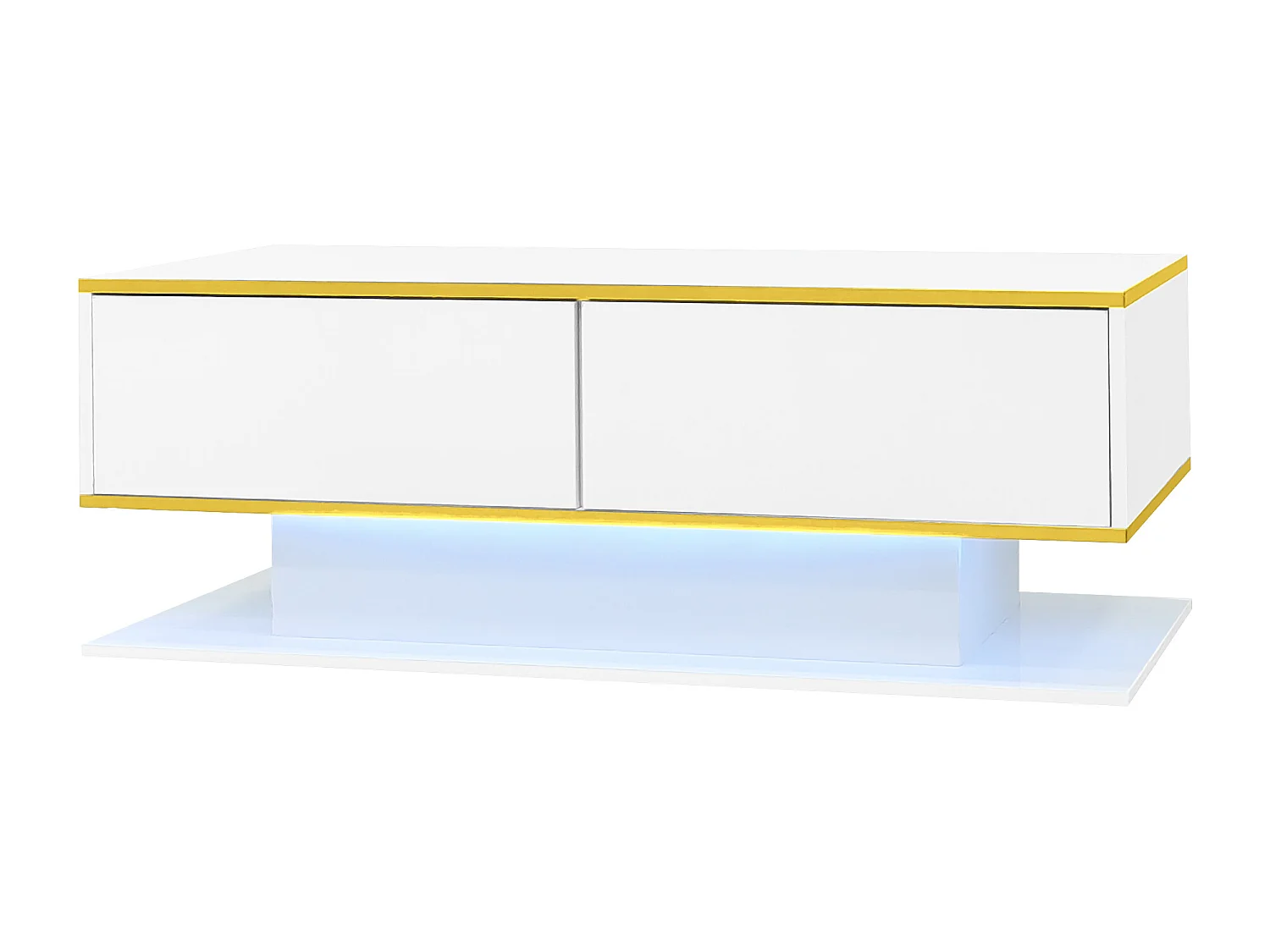 Table basse rectangle 110x55x40cm avec 3 tiroirs et 1 niche, LED inclus, corps en blanc laqué
