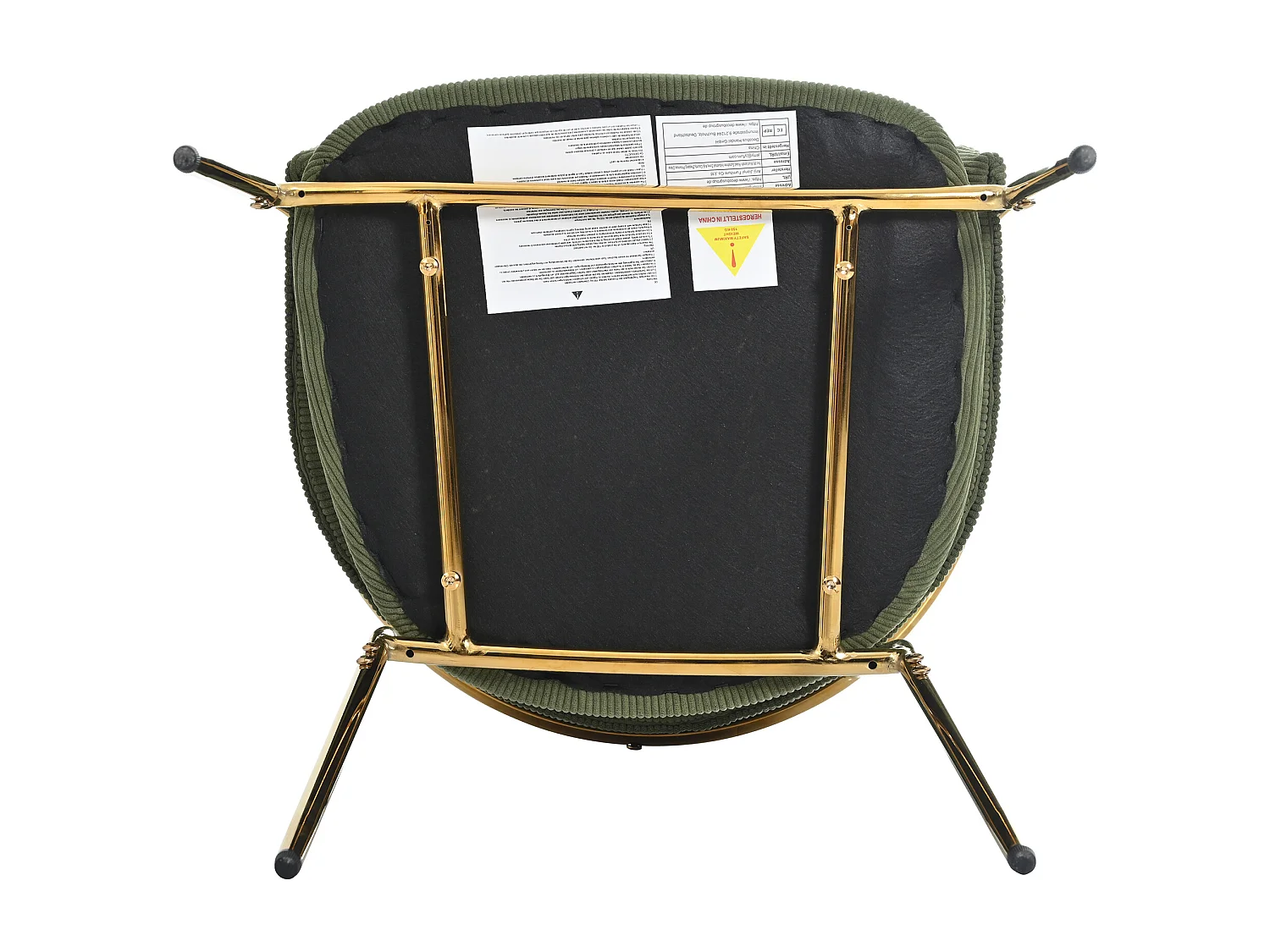 Set van 6 groene corduroy stoelen, goudkleurig ijzeren frame