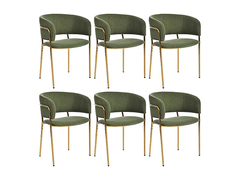 Lot de 6 chaises en velours côtelé vert, cadre en fer doré