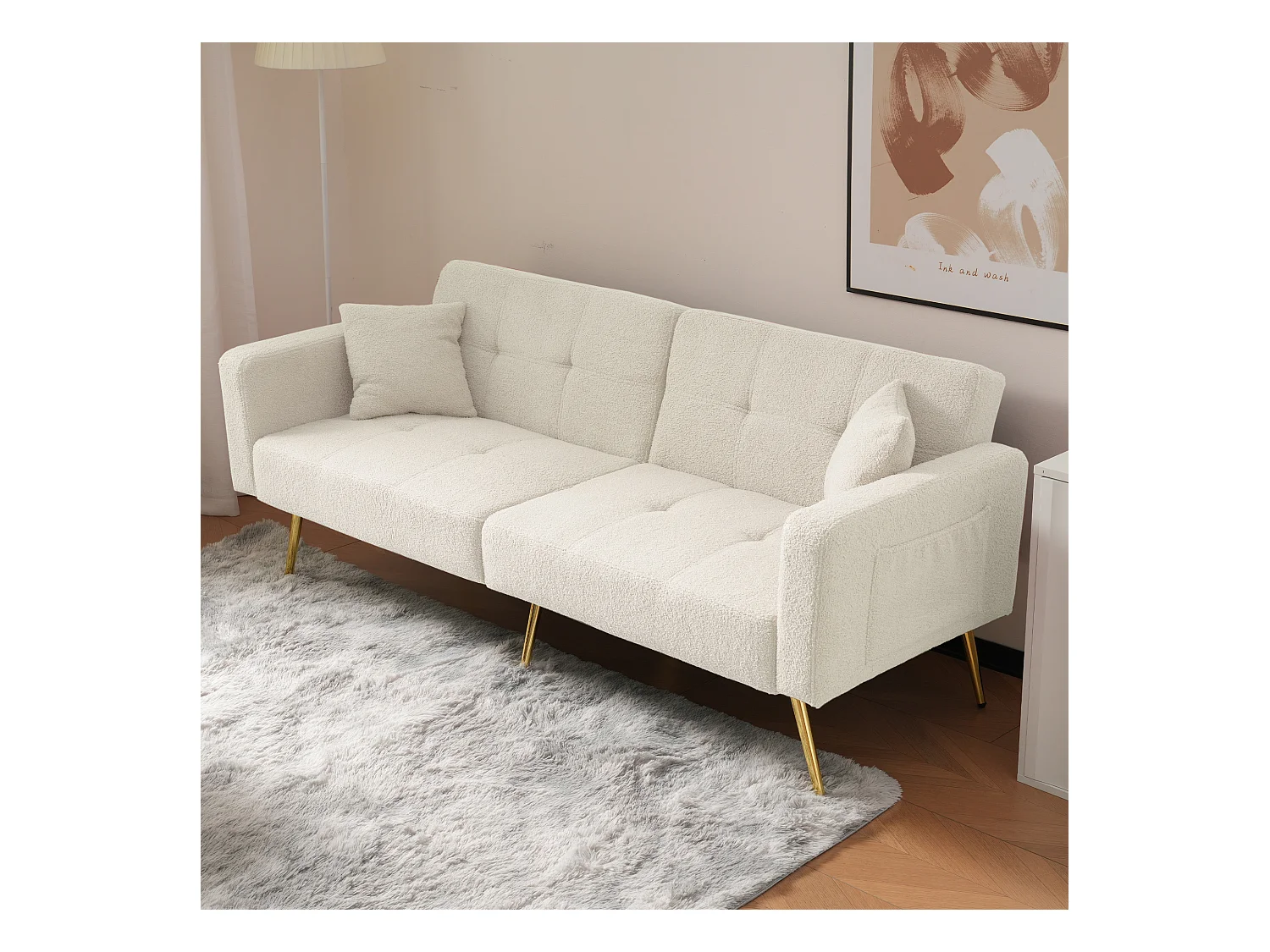 Sofá cama recto de 2 plazas en sherpa blanca, respaldo abatible en 3 posiciones - 175x64x72cm