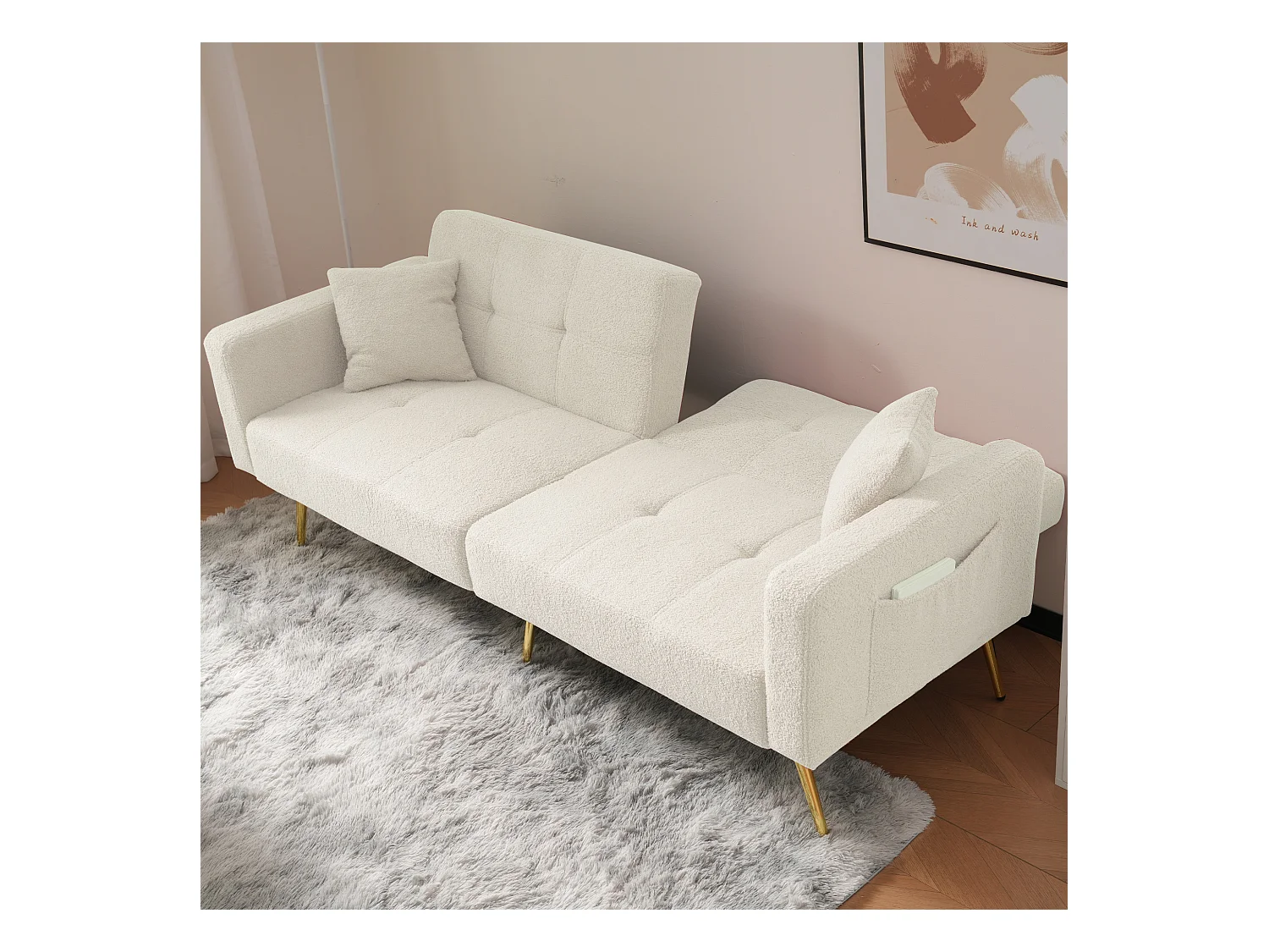 Sofá cama recto de 2 plazas en sherpa blanca, respaldo abatible en 3 posiciones - 175x64x72cm