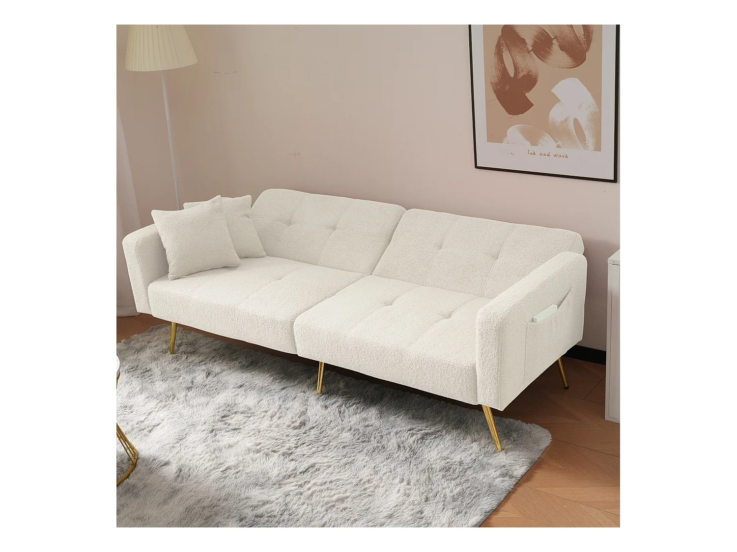 Sofá cama recto de 2 plazas en sherpa blanca, respaldo abatible en 3 posiciones - 175x64x72cm