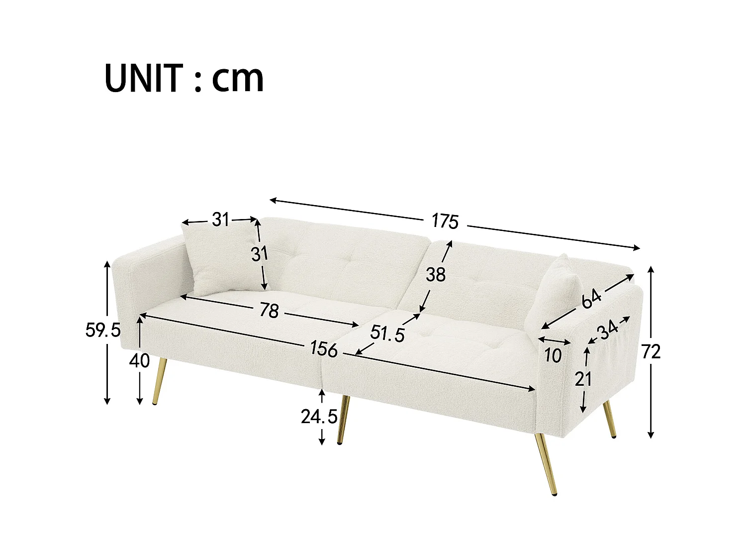 Divano letto 2 posti dritto in sherpa bianco, schienale ribaltabile in 3 posizioni - 175x64x72cm