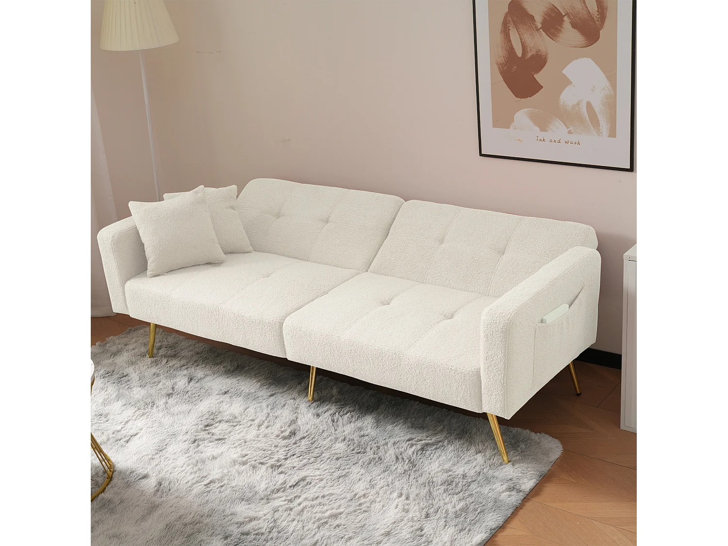 Divano letto 2 posti dritto in sherpa bianco, schienale ribaltabile in 3 posizioni - 175x64x72cm