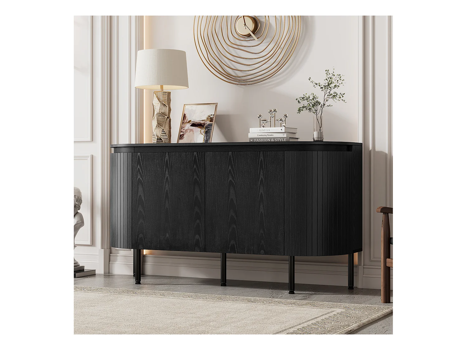 Buffet de cuisine 145x43x78cm avec 4 portes, corps en woodgrain noir avec pieds doré