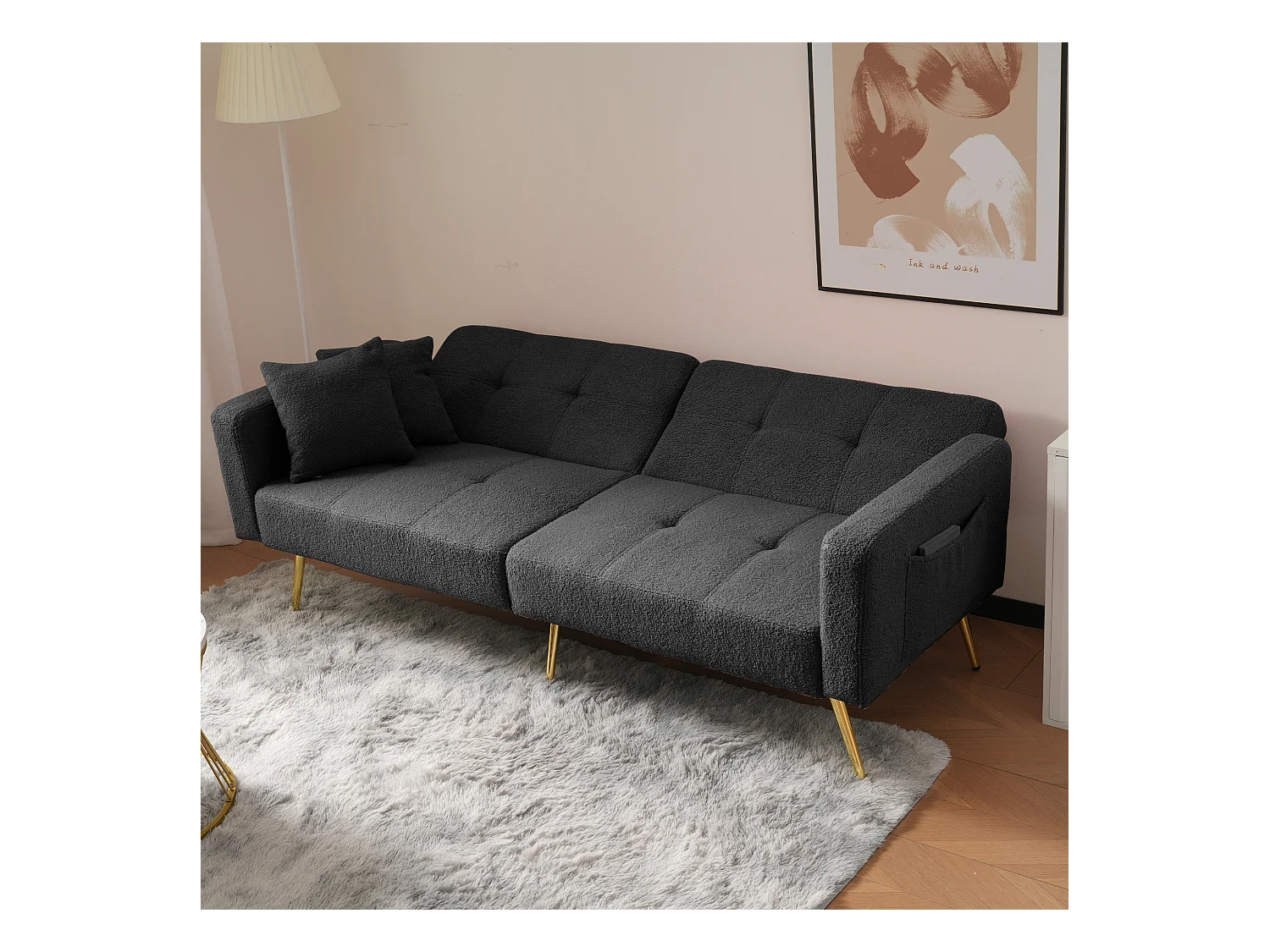Sofá-cama reto de 2 lugares em sherpa cinza, encosto dobrável em 3 posições - 175x64x72cm