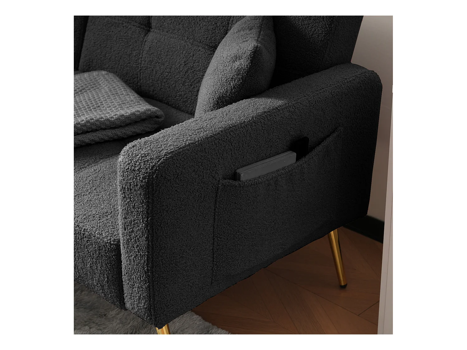 Sofá-cama reto de 2 lugares em sherpa cinza, encosto dobrável em 3 posições - 175x64x72cm