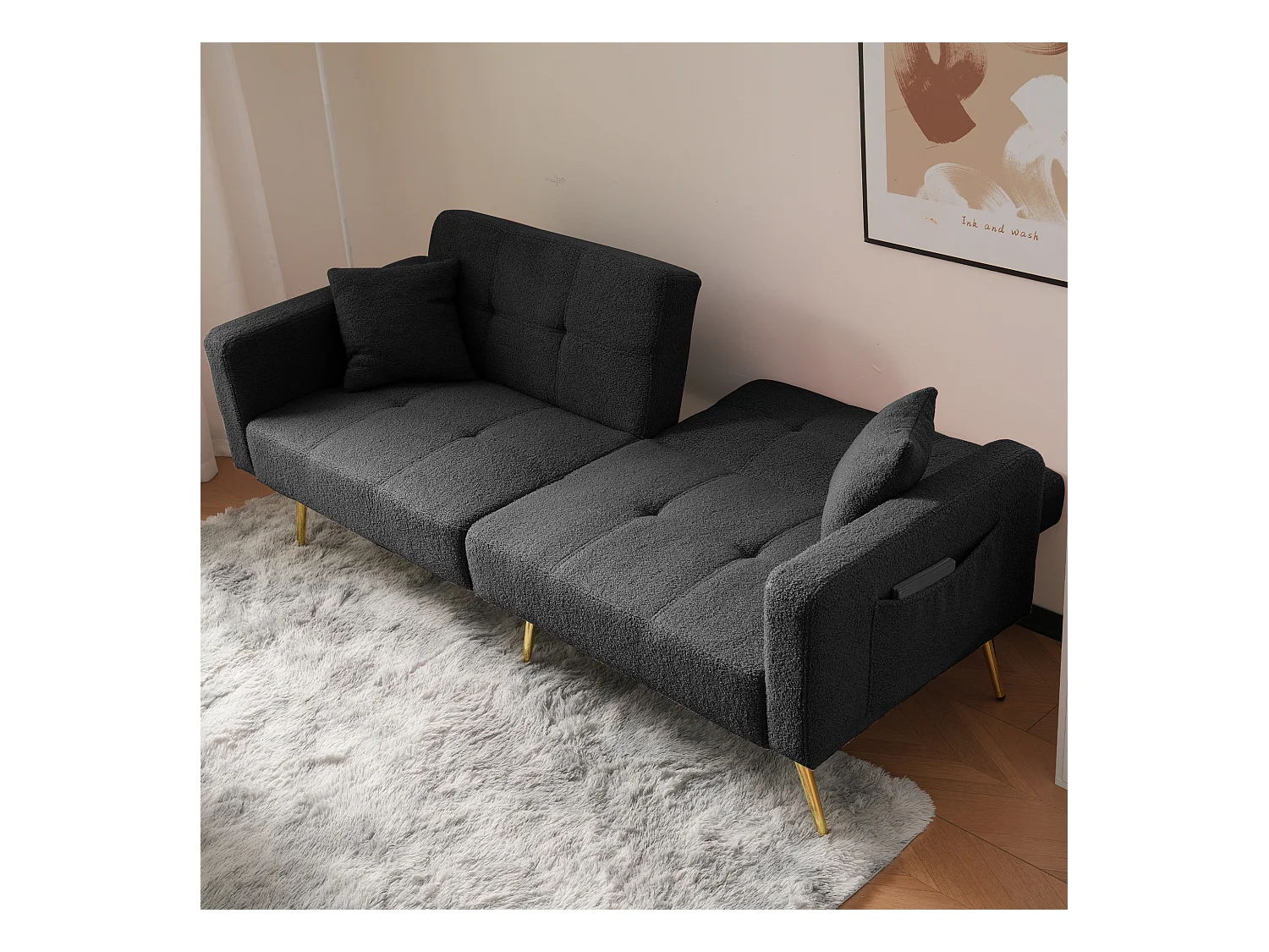 2-zits rechte slaapbank in grijze sherpa, 3-positie neerklapbare rugleuning - 175x64x72cm