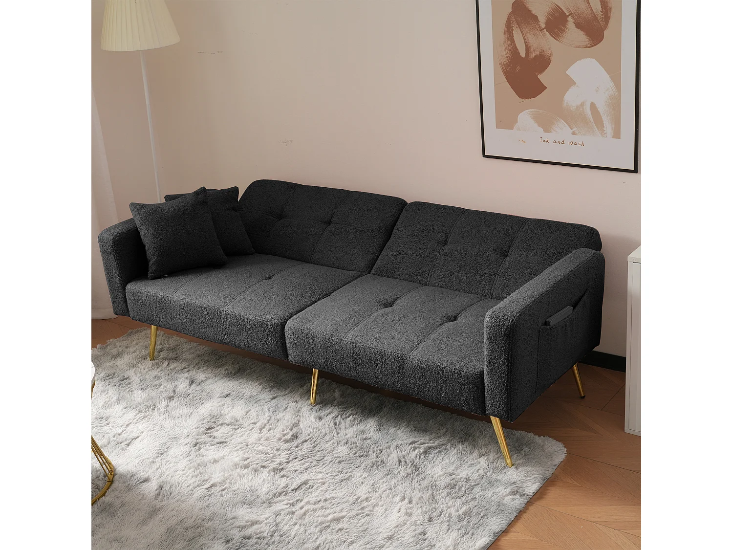 2-zits rechte slaapbank in grijze sherpa, 3-positie neerklapbare rugleuning - 175x64x72cm