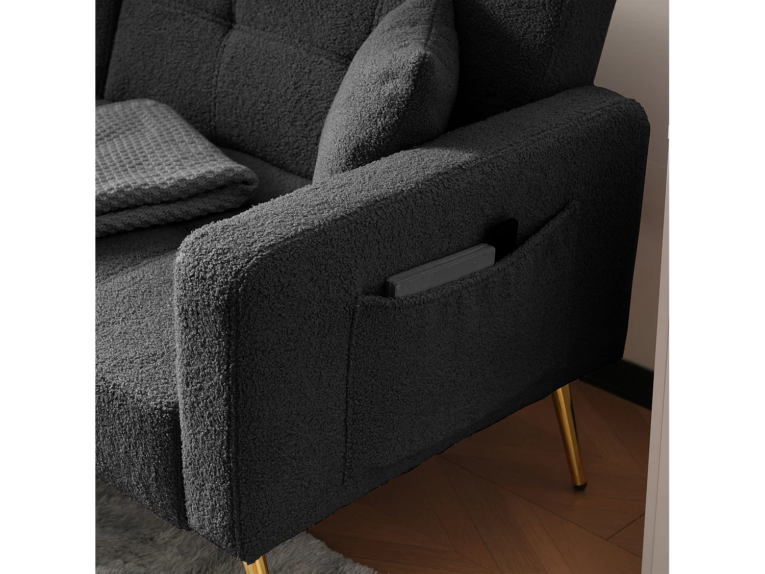 2-zits rechte slaapbank in grijze sherpa, 3-positie neerklapbare rugleuning - 175x64x72cm