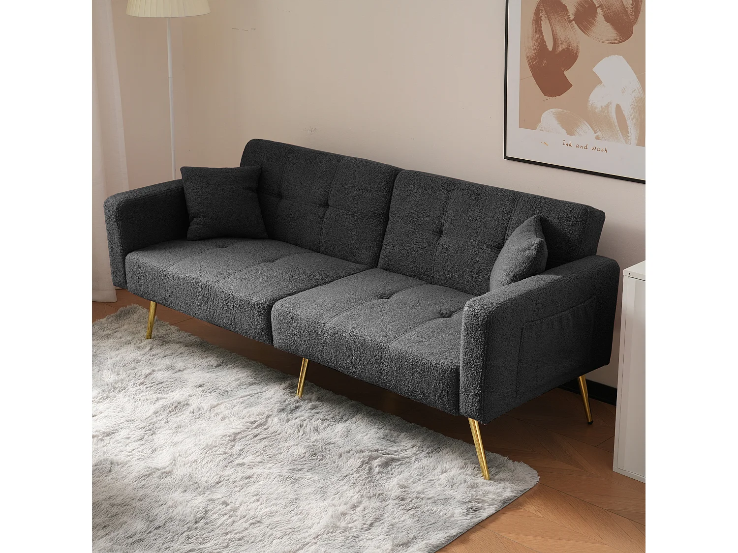 Canapé droit 2 places convertible en sherpa gris, dossier rabattable à 3 positions -175x64x72cm