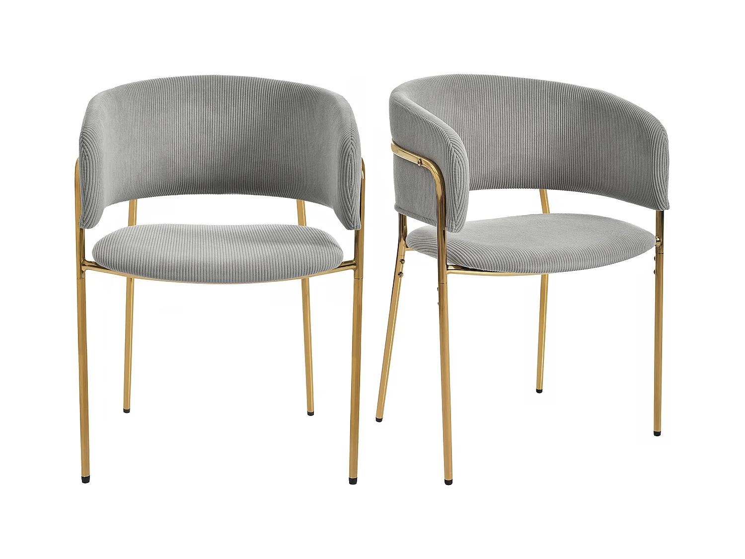 Lot de 2 chaises en velours côtelé gris, cadre en fer doré
