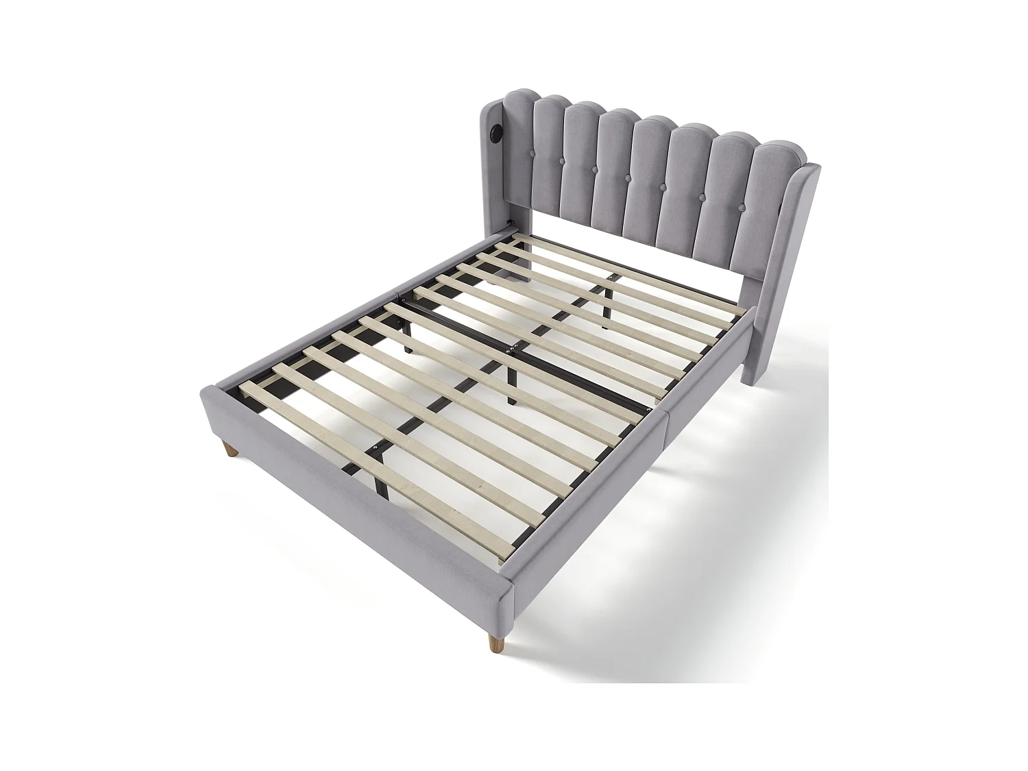 Lit adulte 160x200cm avec tête de lit ajouré, tissu en lin gris, avec USB, sommier à lattes, avec matelas