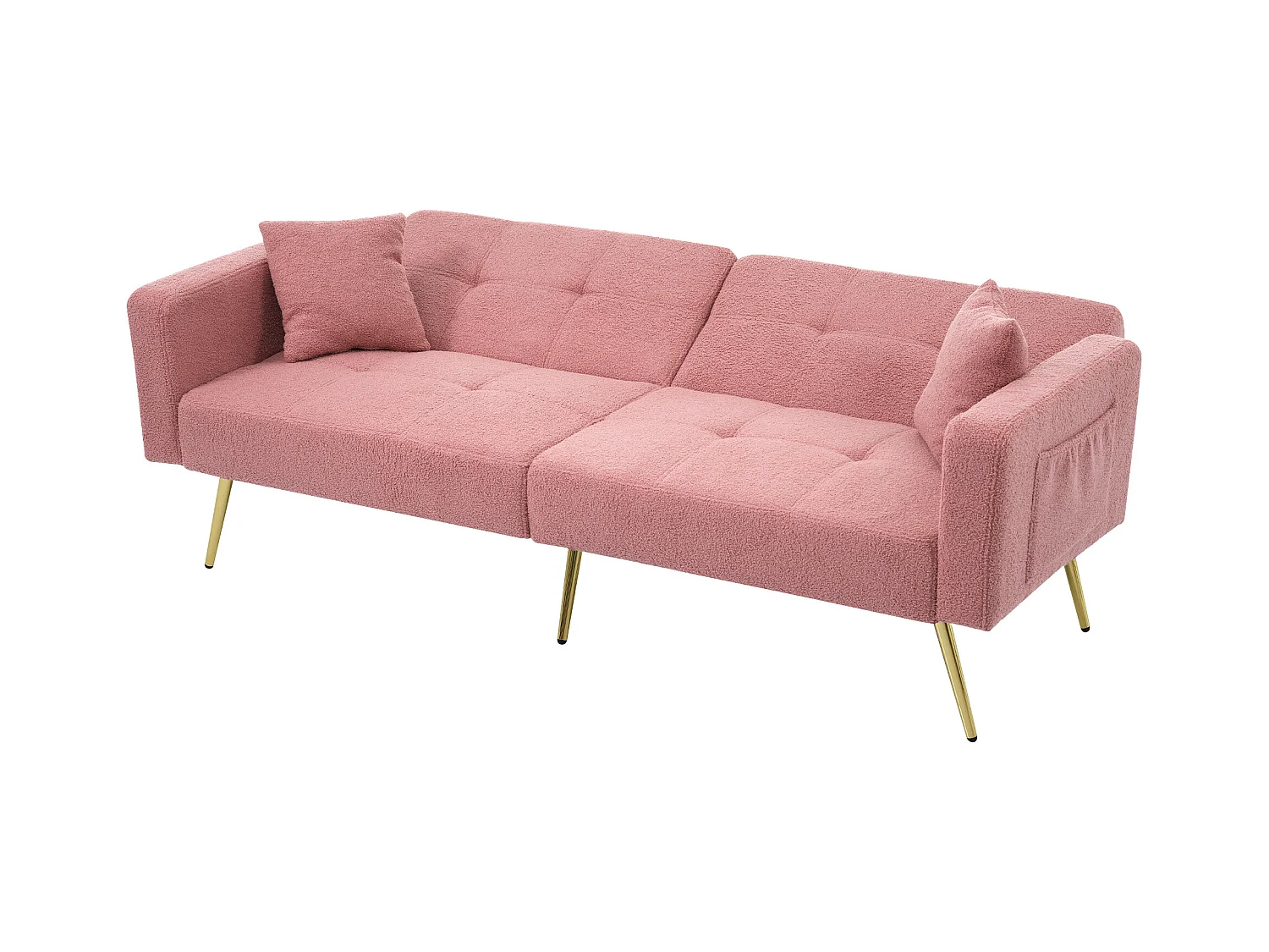 Canapé droit 2 places convertible en sherpa rose, dossier rabattable à 3 positions -175x64x72cm