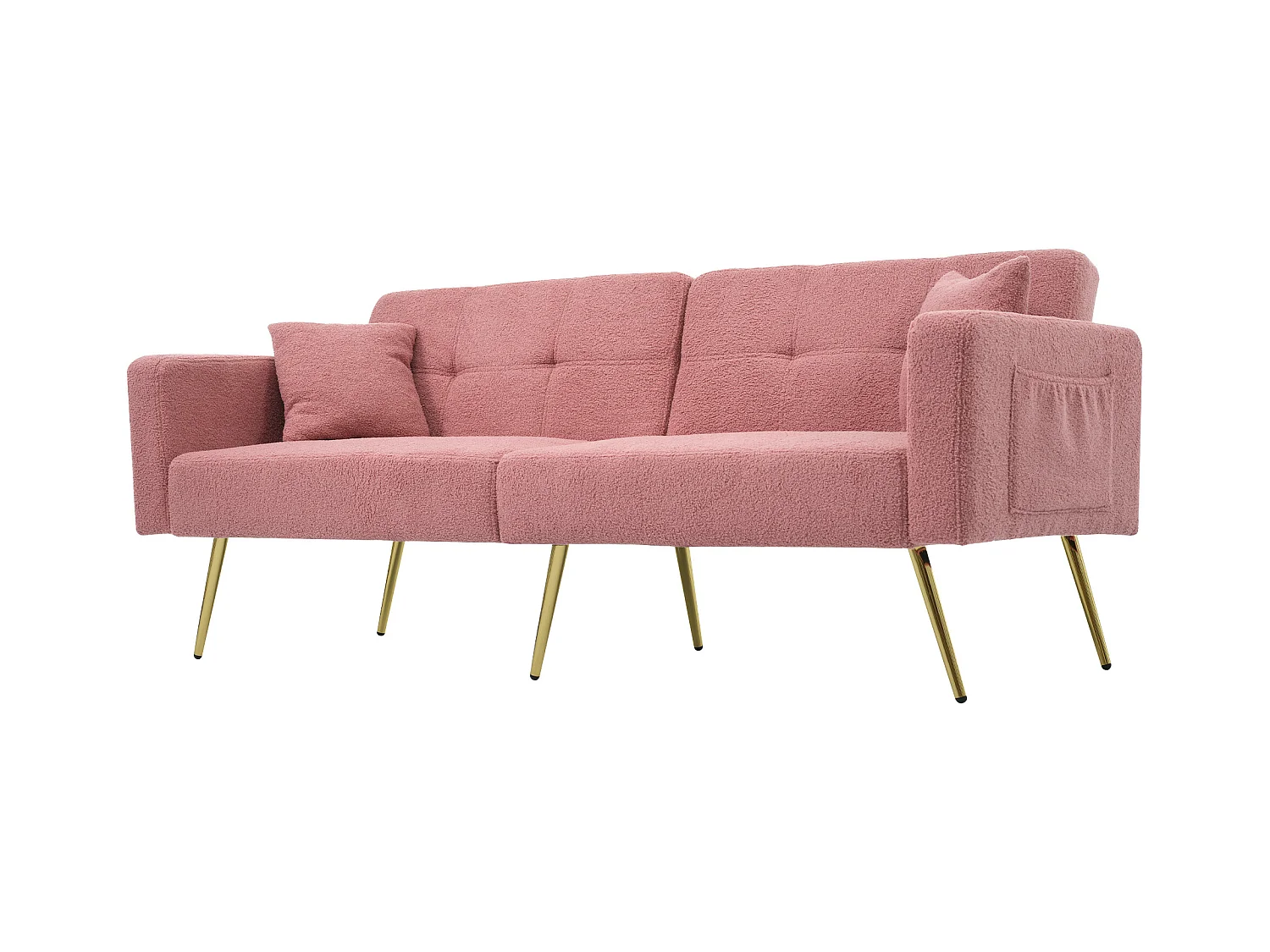 Canapé droit 2 places convertible en sherpa rose, dossier rabattable à 3 positions -175x64x72cm