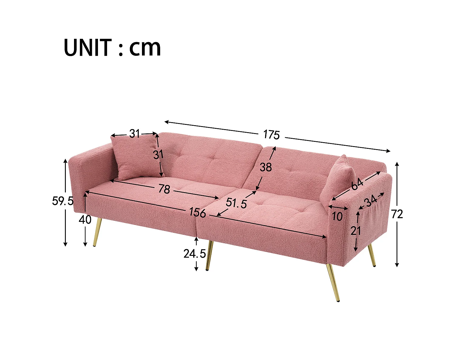 Divano letto dritto a 2 posti in sherpa rosa, schienale ribaltabile in 3 posizioni - 175x64x72cm