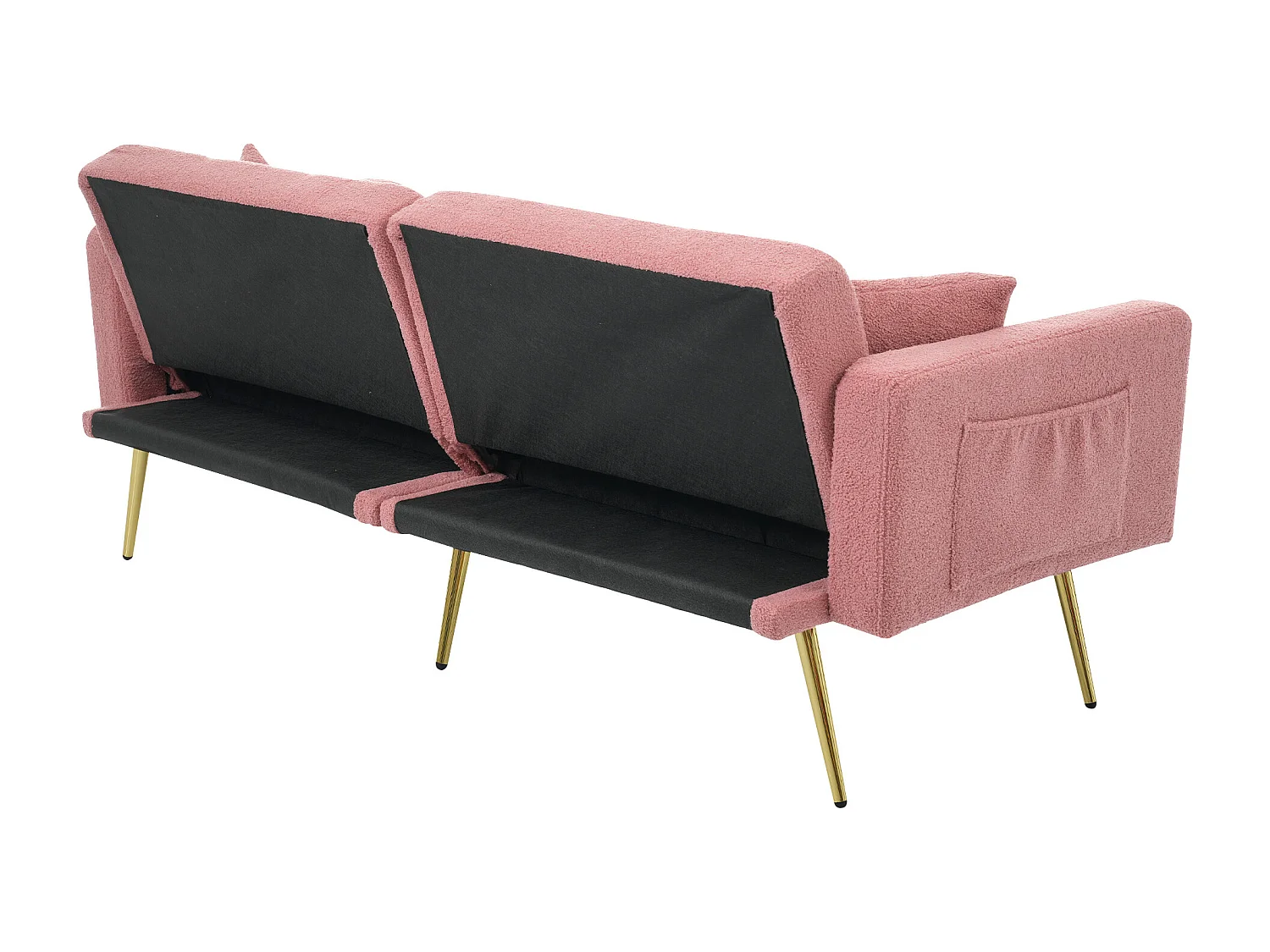 Canapé droit 2 places convertible en sherpa rose, dossier rabattable à 3 positions -175x64x72cm