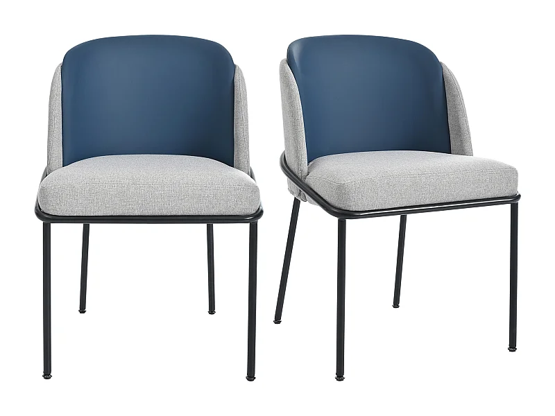 Juego de 2 sillas de lino gris con respaldo de piel sintética azul, estructura de hierro negro