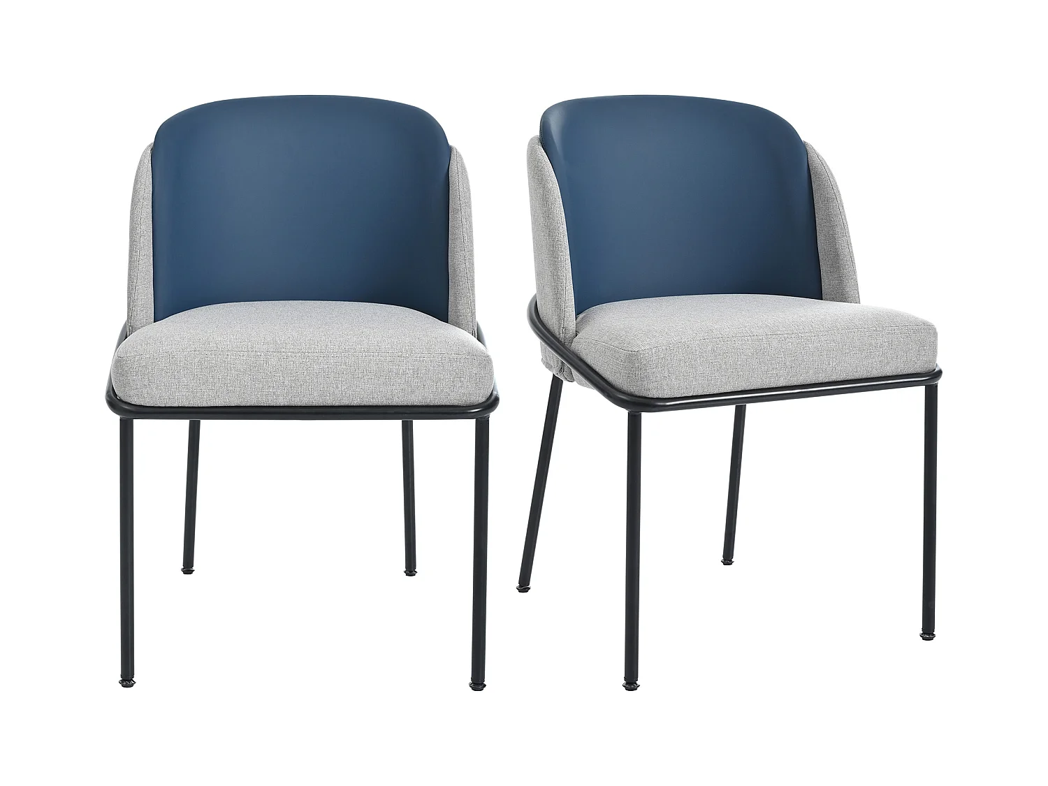 Lot de 2 chaises en lin gris avec dossier en simili-cuir bleu, cadre en fer noir