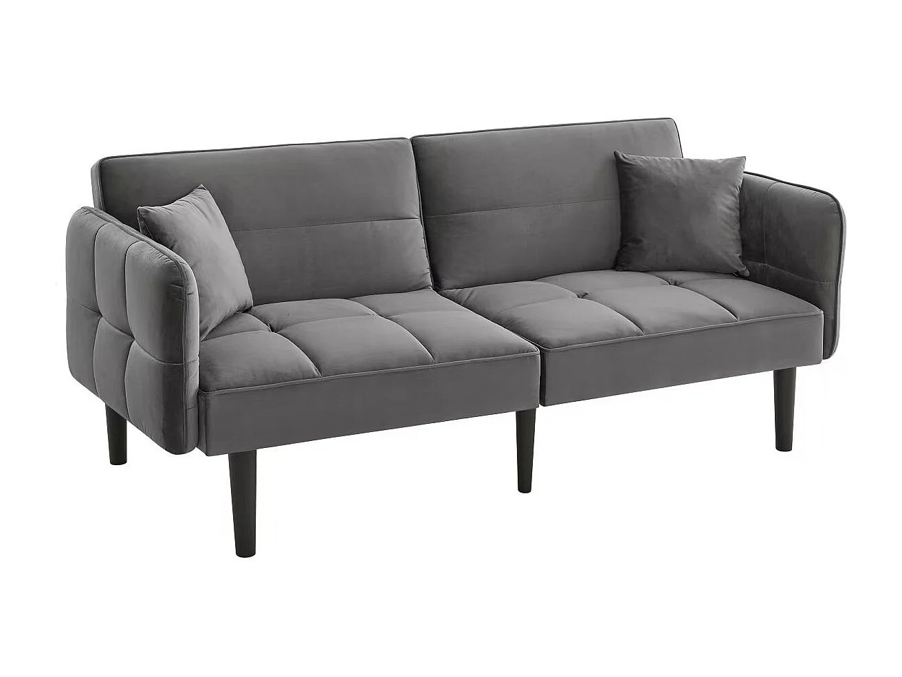 Canapé droit 2 places convertible en velours gris avec pieds en bois noir, dossier rabattable -176x78x76cm