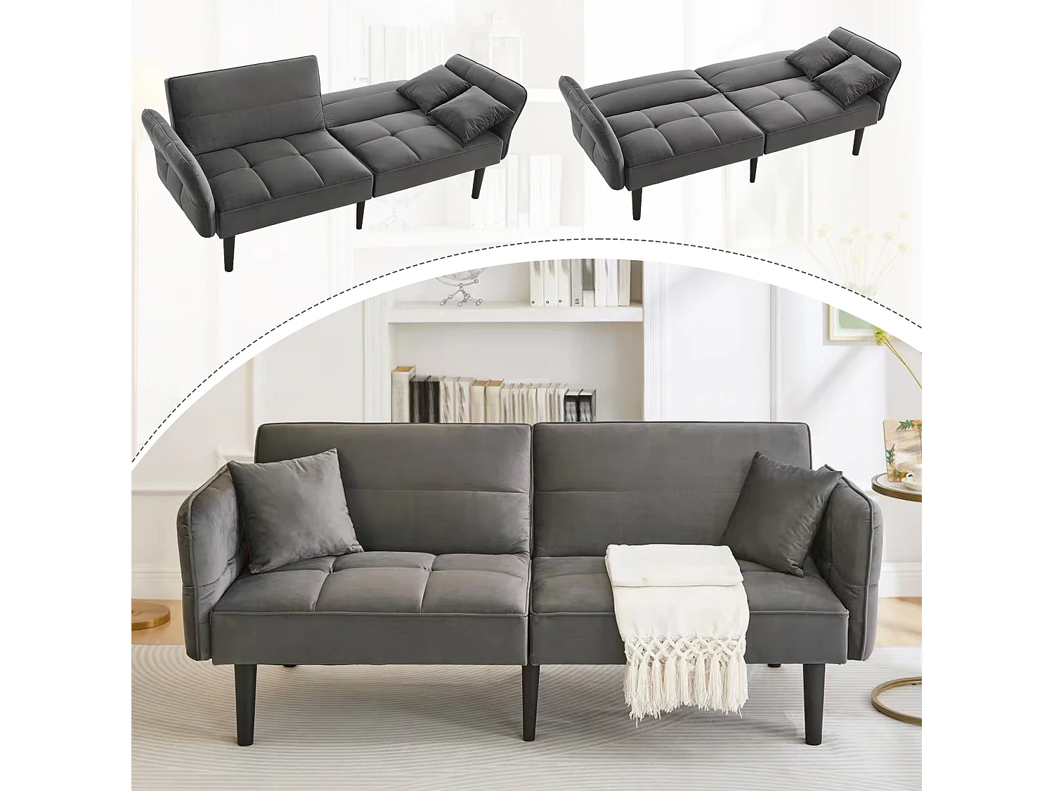 Canapé droit 2 places convertible en velours gris avec pieds en bois noir, dossier rabattable -176x78x76cm