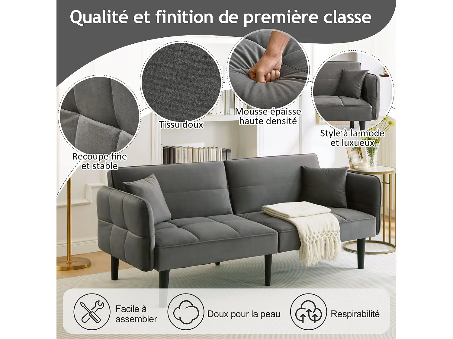 Canapé droit 2 places convertible en velours gris avec pieds en bois noir, dossier rabattable -176x78x76cm
