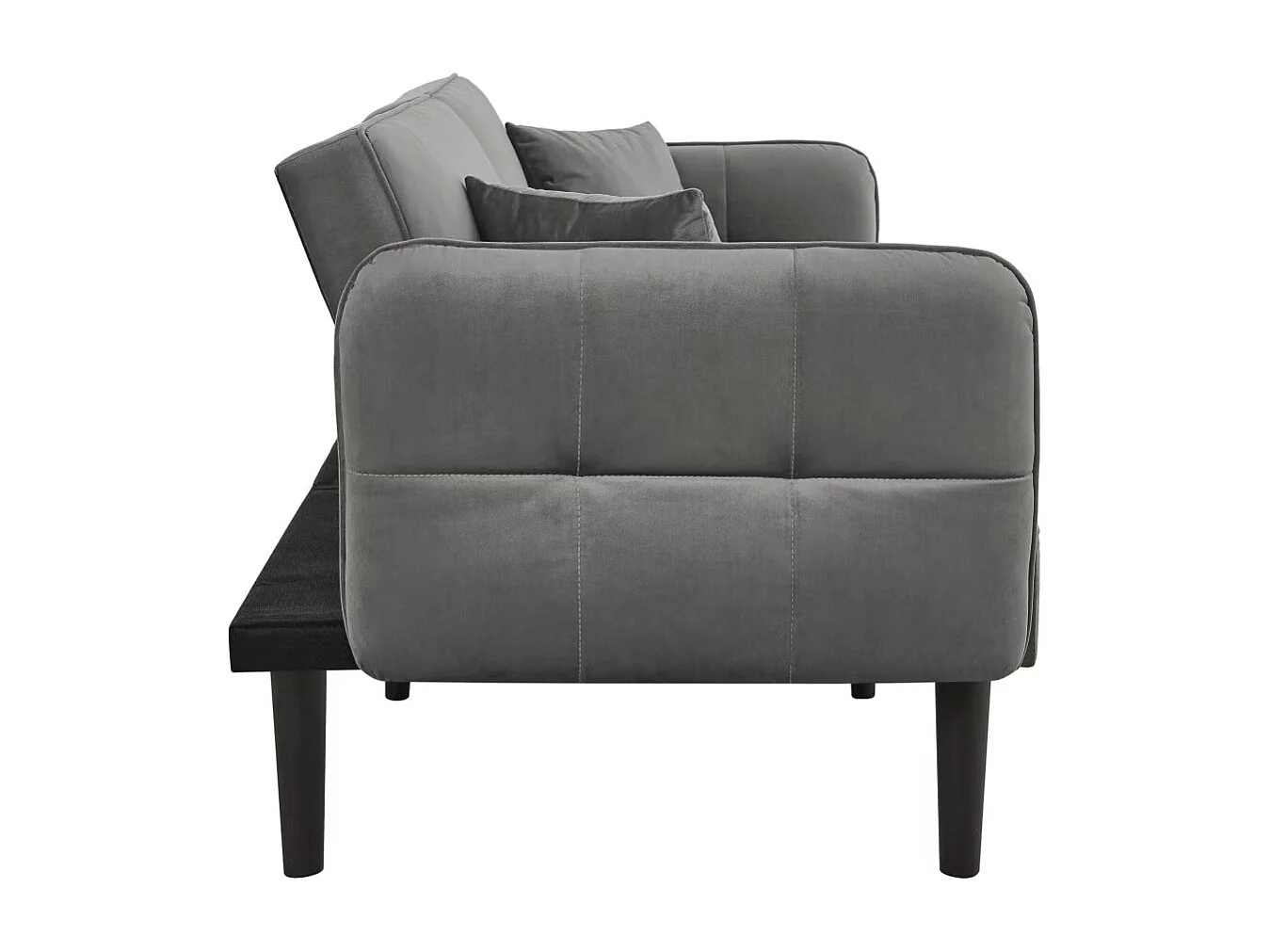 Canapé droit 2 places convertible en velours gris avec pieds en bois noir, dossier rabattable -176x78x76cm