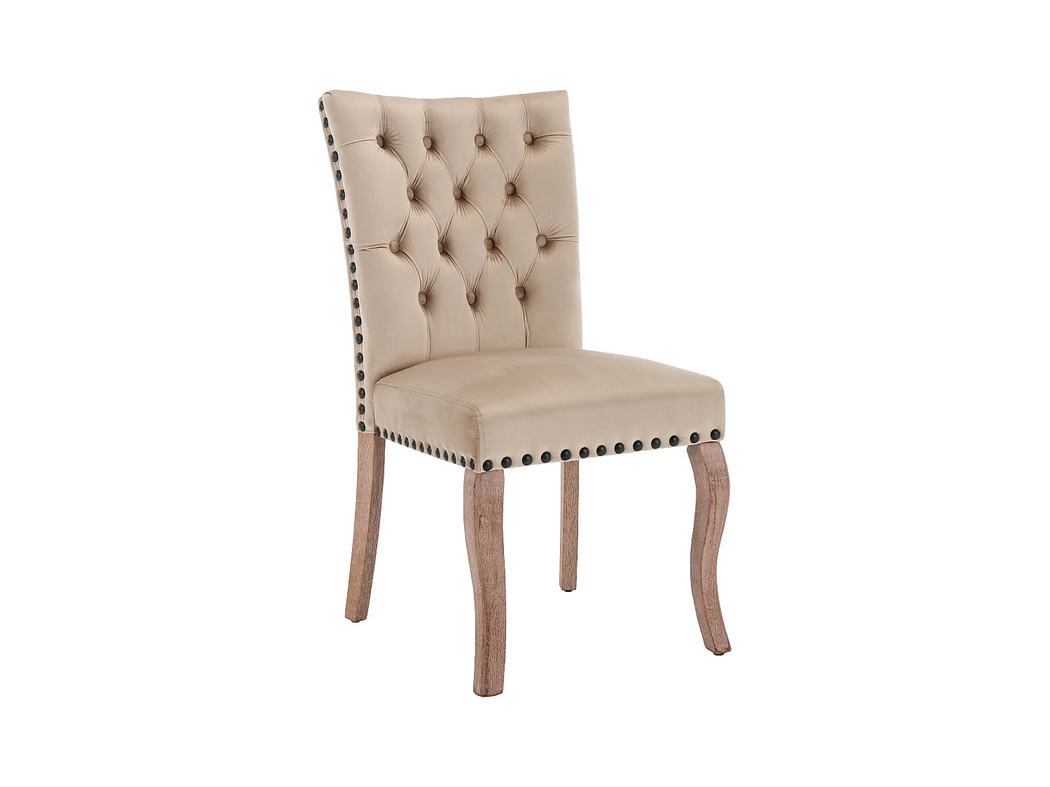 Lot de 2 chaises en velours Camel clair avec pieds en bois courbés, rivets noirs