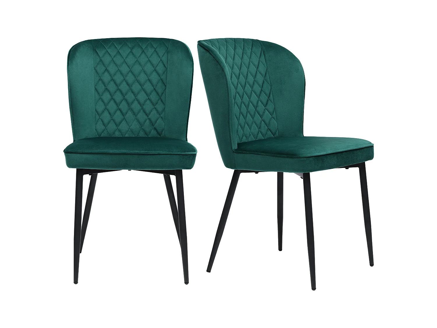 Lot de 2 Chaises de cuisine rembourrés en velours vert, pieds en métal noir