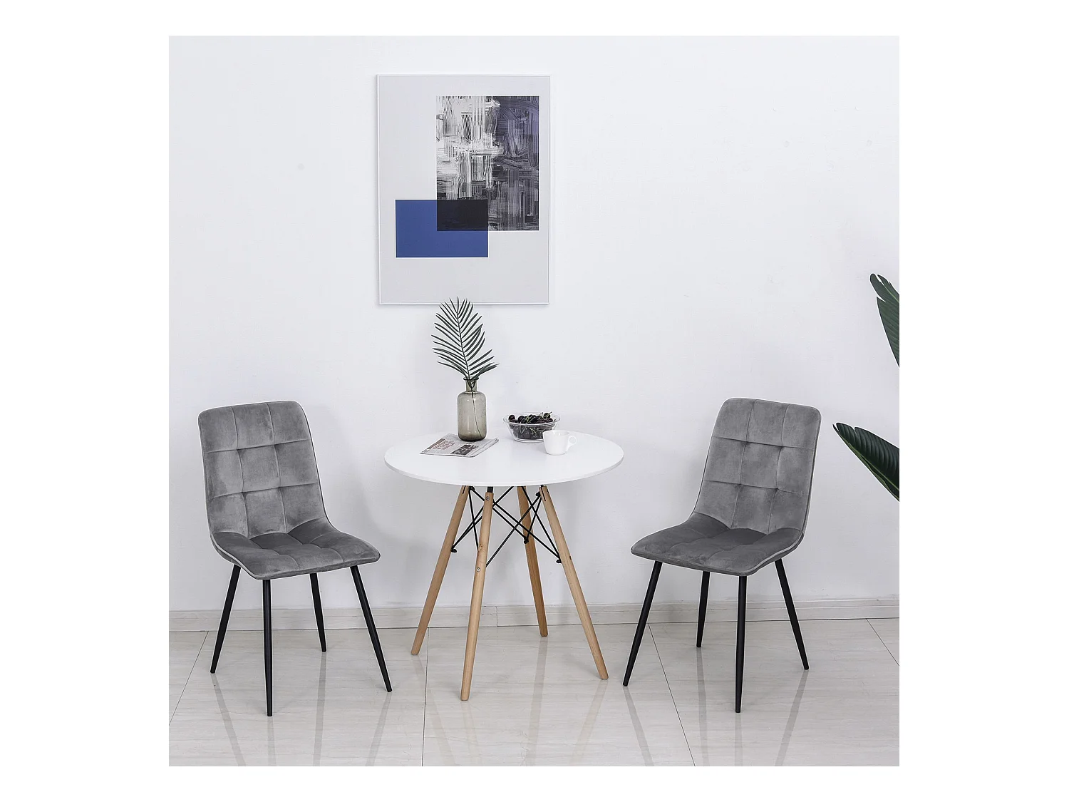 Lot de 2 chaises en velours gris, pieds en métal noir