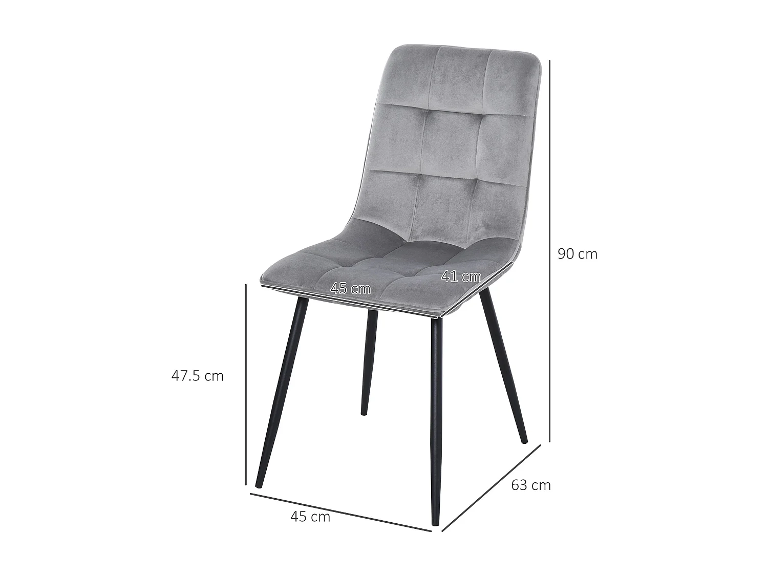 Lot de 2 chaises en velours gris, pieds en métal noir