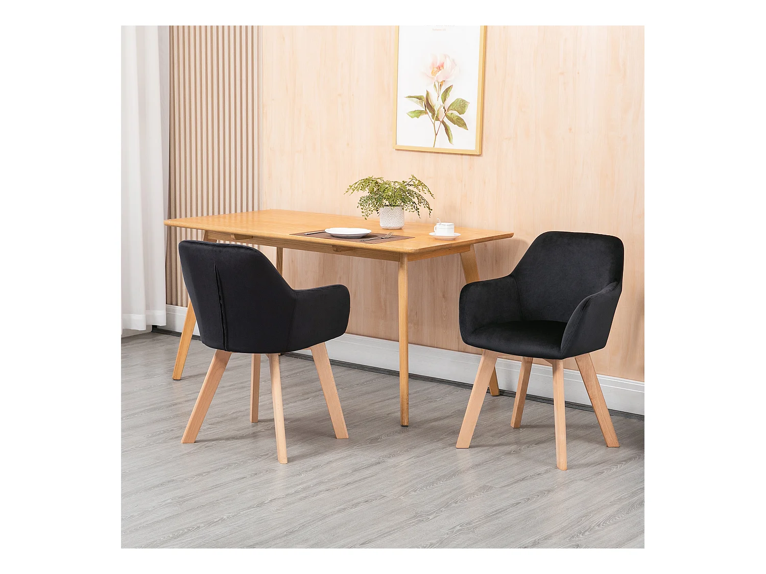 Lot de 2 chaises avec accoudoirs en velours noir, pieds en bois naturel
