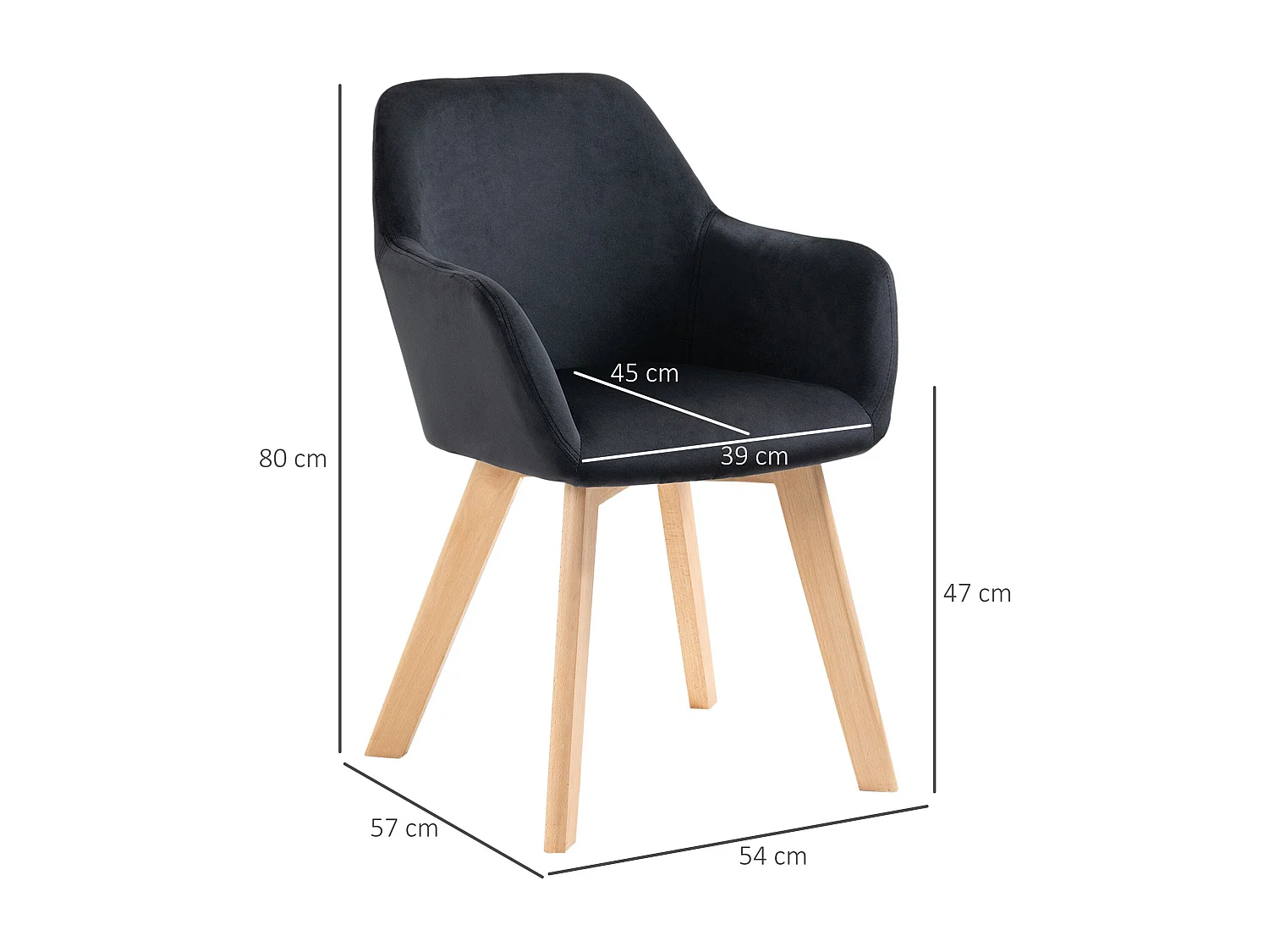 Lot de 2 chaises avec accoudoirs en velours noir, pieds en bois naturel