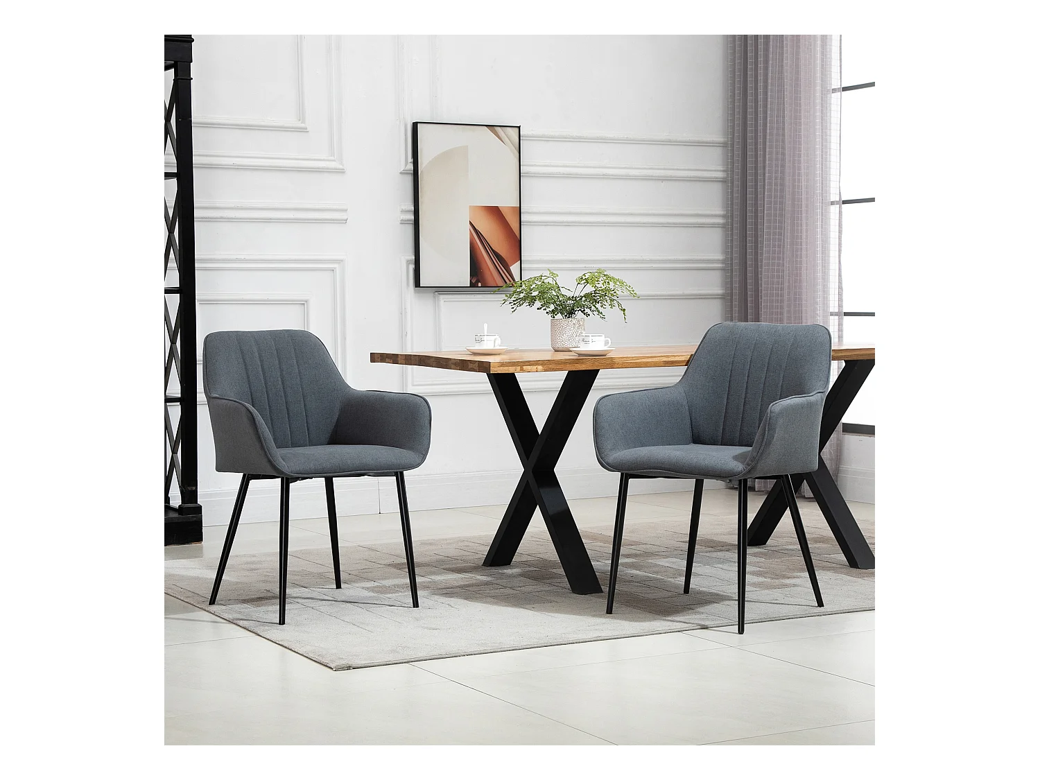 Lot de 2 chaises avec accoudoirs en lin gris, pieds en métal noir