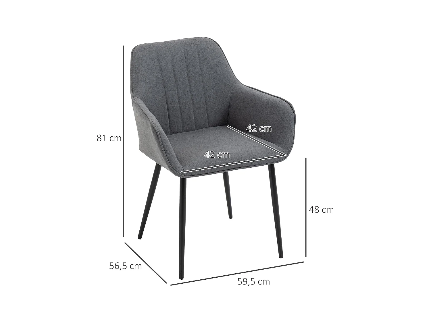 Lot de 2 chaises avec accoudoirs en lin gris, pieds en métal noir